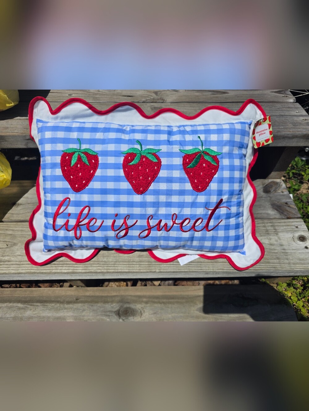 Life Is Sweet Strawberry Pillow Strawberries Summer Pillow RARE Embroidered